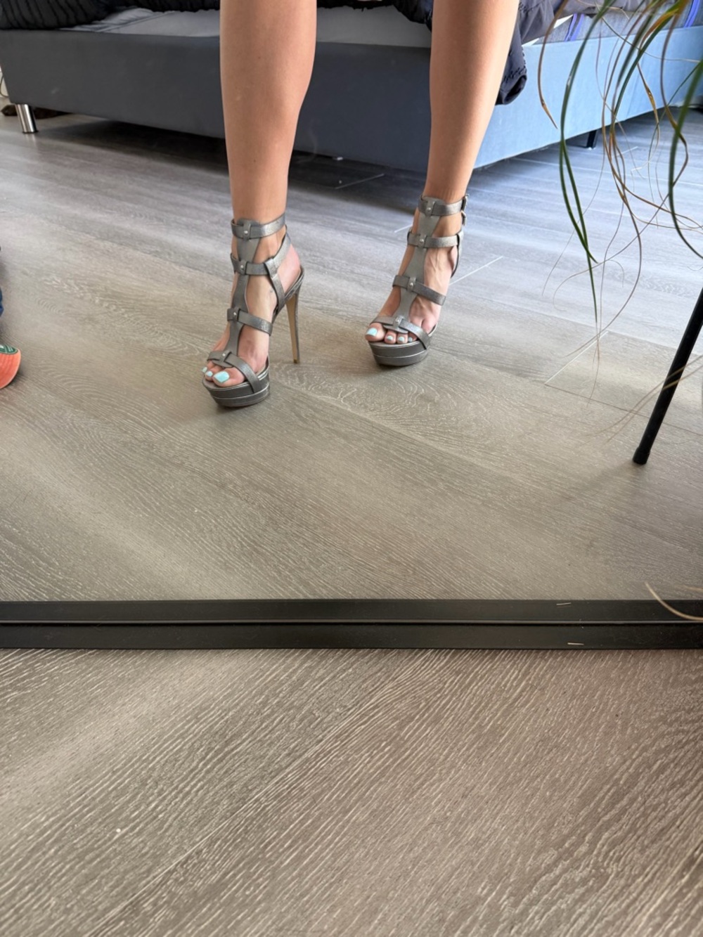 BCBGeneration Metallic Gray Multi-Strap Stiletto Sandals